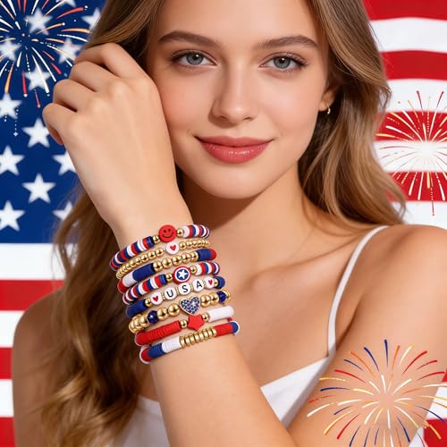 XOCARTIGE 4th of July Outfits for Women Red White and Blue USA Bracelets 4th of July Accessories American Independence Day Anniversary Party Favors Patriotic Gift (Style F) by XOCARTIGE - Used condition - Image 2