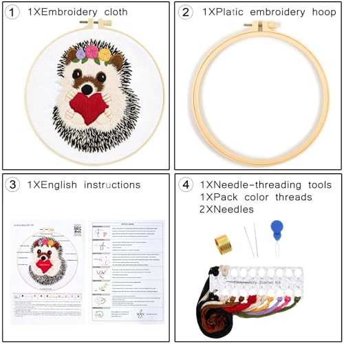 Image of Cute Hedgehog Embroidery Kits for Beginners Adults, Animals Embroidery Starter Kits, Counted Cross Stitch Kits for Beginners DIY Craft Kits for Adults Women, Embroidery Hoops, Thread & Video Tutorial