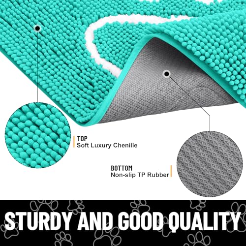 Image of Smiry Dog Door Mat for Muddy Paws, Absorbent Dirt Trapper Non Slip Quick Dry Washable Chenille Mat for Mud Dogs, Entry Rug for Indoor and Outdoor (36x24 Inches, Turquoise and White)