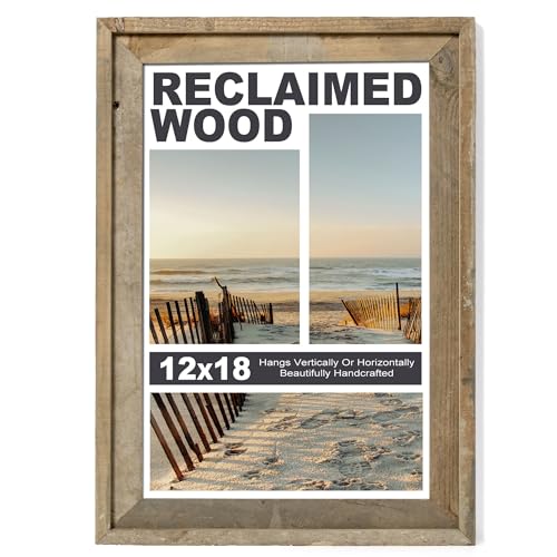 FLYJOE Rustic 12x18 Picture Frame, Reclaimed Barnwood Photo Frame with HD Tempered Glass, Distressed Family Art Gallery Corner, Horizontal and Vertical Wall Mounting Display with Hardware, Set of 1