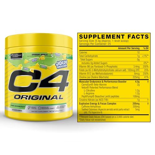 Image of C4 Original Pre Workout - Jolly Rancher Green Apple - Pre-Workout for Endurance, Focus & Performance with 200mg Caffeine, Beta-Alanine, Creatine Nitrate, L-Arginine & PeptiPump - 25 Servings