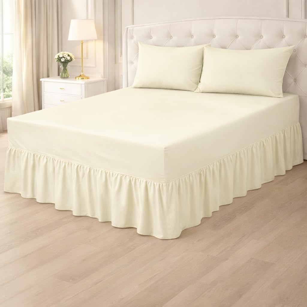 Plain Poly cotton Extra Deep Frilled Valance Fitted Sheets, Easy Case Fitted Valance Sheets in 14 Attractive Colors, Percale Quality Fitted Valance Sheet (Cream, Single)