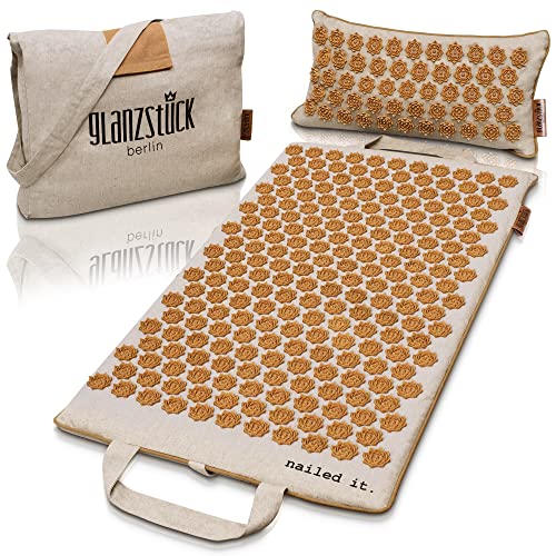 Glanzstück Berlin® Acupressure Mat Set Premium, Beginner Suitable, Made of Linen, Neck and Back Pain Relief, with Pillow (Heat Function) & Bag, Sustainable