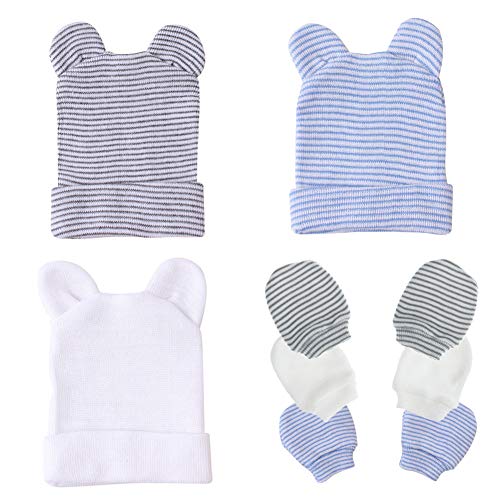 Image of Baby Caps and Mittens Newborn Hospital Beanie Hats No Scratch Gloves Soft Babies Gift Set for Boys Girls