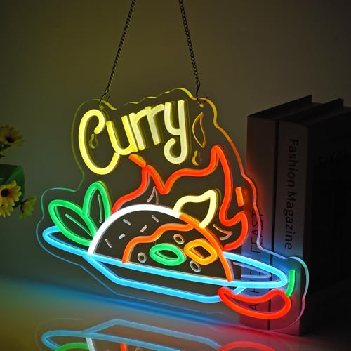 Image of Curry Neon Sign, Neon Lights Hanging Wall Art Decoration for Restaturant Shop Store Bar Market Party Celebration Home Decor, USB Powered Ultra Bright Dimmable,16.14x11.42inches