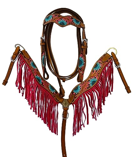 Equitem Painted Flower Tooled Leather Headstall and Breast Collar Set with Fringe Detail (Pink Fringe, Horse)