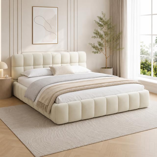 Upholstered Double Bed Frame 135x190cm Beige Fabric Bed with Padded Bubble Headboard, Modern Low Platform Wooden Slatted Base, Strong Support Bed Frame for Bedroom, Teens and Adults