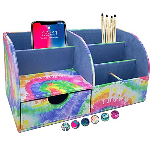 Product Image of the French KOKO Large PU Leather Desk Organizer with Drawer Cute Pen Holder Office Pencil Holders Organizers Desktop Accessories Women Kids Girls Work School Storage Supplies Teens Watercolor Rainbow