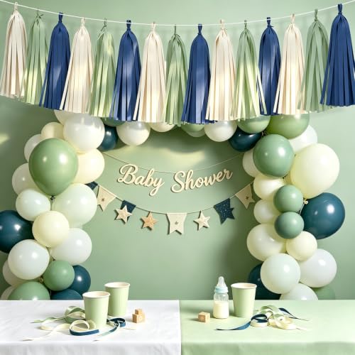 Image of Navy Sage Green Tassel Garland for Wedding Decor Baby Shower Decorations