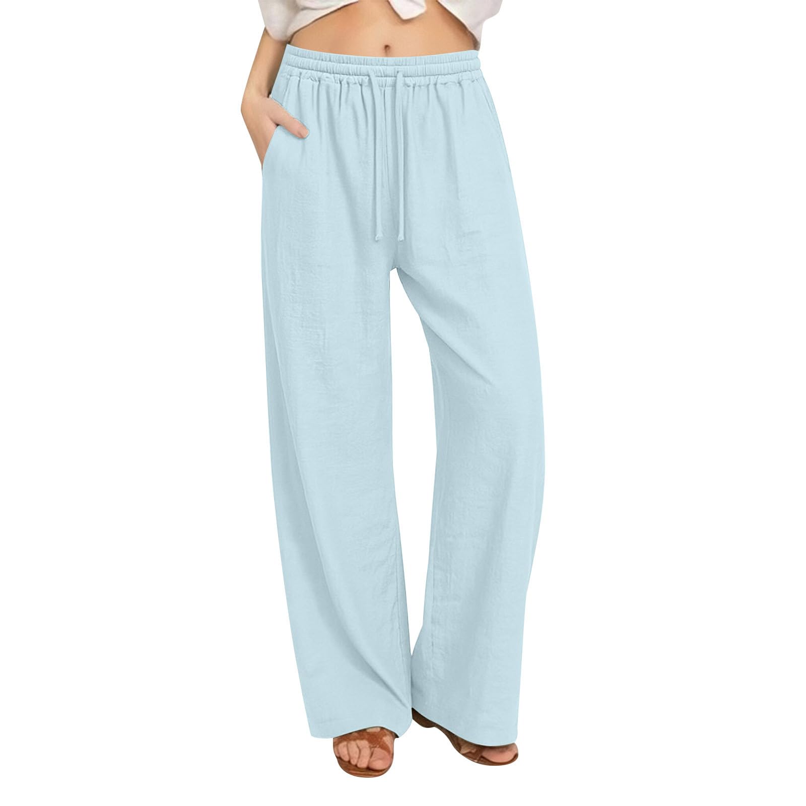 Leinenhose Damen Sommer Lang Palazzo Hose Leicht Einfarbig Sommerhose Bequem Strandhose Weite Bein Hosen Elegant Baumwolle Leinen Freizeithose mit Taschen Stoffhose Freizeithose
