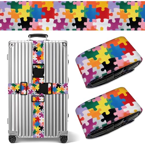 Image of 2 Pack Luggage Straps for Suitcases, Adjustable Travel Belt with Buckle, 2 inch Wide Heavy Duty Suitcase Straps for Summer Vacation, Colorful Puzzle Pattern, Travel Essentials, Multi-Color
