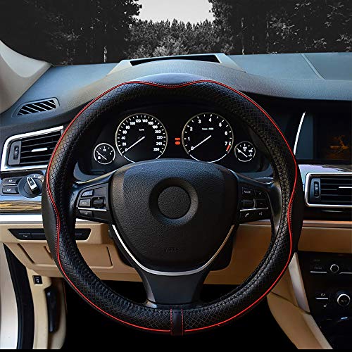Image of Valleycomfy Steering Wheel Covers Universal 15 inch - Genuine Leather, Breathable, Anti Slip & Odor Free (Black with Red Lines, M(14 inch 1 /2-15 inch 1 /4))