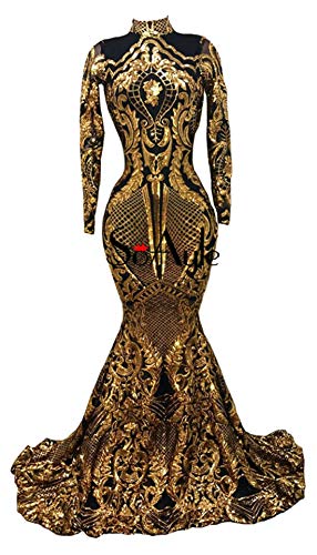 Black Gold Sequined Mermaid Long Sleeve Prom Evening Shower Party Dress Celebrity Pageant Wedding Gown
