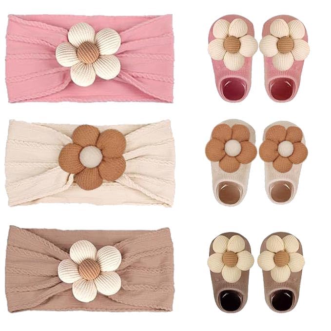 Image of AModaTouch Baby Girl Cute Headband & Socks Combo - Non-Slip Floral Grips Socks & Soft Flower Nylon Hairbands, Essential Hair Accessories for Kids Infants (1-3 Years, Pink Beige khaki)