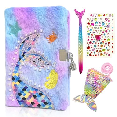 GROFIS Juego de 4 Sirena Diario Secreto Niña, Libreta de Peluche con Candado, 160pp Doble-cara...