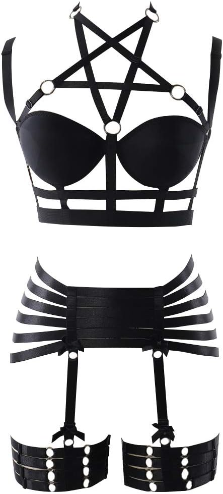 BYDHSSBody Harness Full for Women Garter Belts Set Strappy Lingerie Punk Gothic Elastic Adjust Bodysuit Party Dancing Action Art Wear (Black 208+126)
