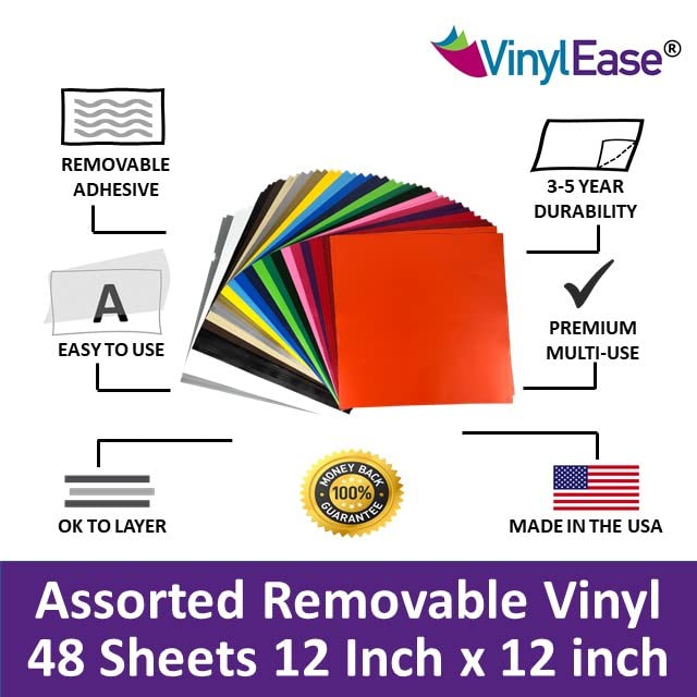 Vinyl Ease 12" x 12" - 48 Sheets of Assorted Matte Colors of Removable Adhesive Backed Vinyl for Craft Cutters, Punches and Vinyl Sign Cutters - V0104