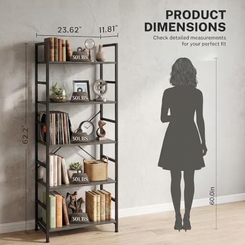 Image of HealSmart 5 Tier Bookshelf, Free Standing Book Shelf Home Office Bookcase Shelf Storage Organizer for Bedroom, Bathroom, Living Room, Office, Balcony, Gray Wood