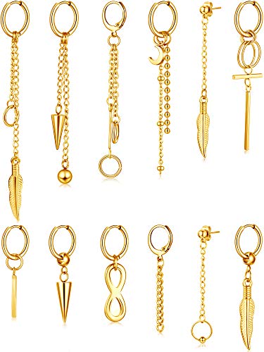 Hicarer 12 Pieces Hoop Dangling Feather Earrings for Men Stainless Steel Hinged Pendant Earrings Male Long Chain