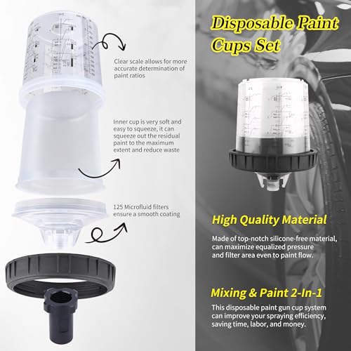 Image of HVLP Spray Gun with 10Pcs 600ML Disposable Paint Cups, Automotive Gravity Feed Paint Spray Gun Kit with Air Compressor Regulator for Auto (Black) (Black)