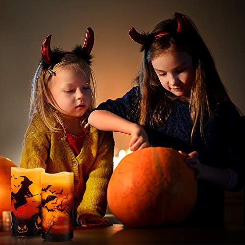 Halloween Flickering Flameless Candles - Battery Operated LED Real Wax Candles with 6 Hours Timer - Bats, Castle, Witch LED Flickering Candles for Halloween Christmas Wedding Party Decor, Pack of 3