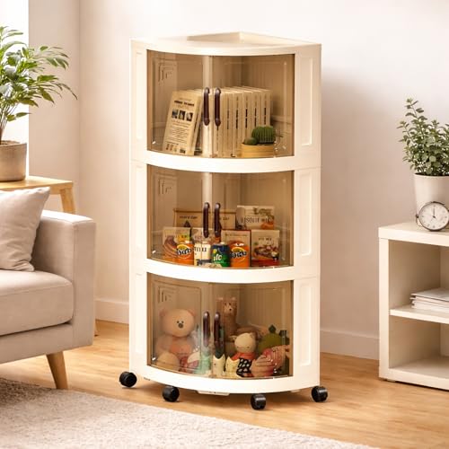 Image of House of Quirk Foldable Triangular Storage Cabinet with Wheels | Space Saving Corner Organizer | Portable Large Capacity Plastic Storage Box for Kitchen, Bathroom, Bedroom (3 Layer, Cream)