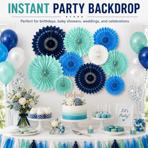 Image of Blue White Hanging Honeycomb Round Paper Fans Decoration Kit for Baby Boy Shower Birthday Navy Ocean Wedding Under The Sea Theme Photo Booth Backdrops Paper Party Supplies 11 Count