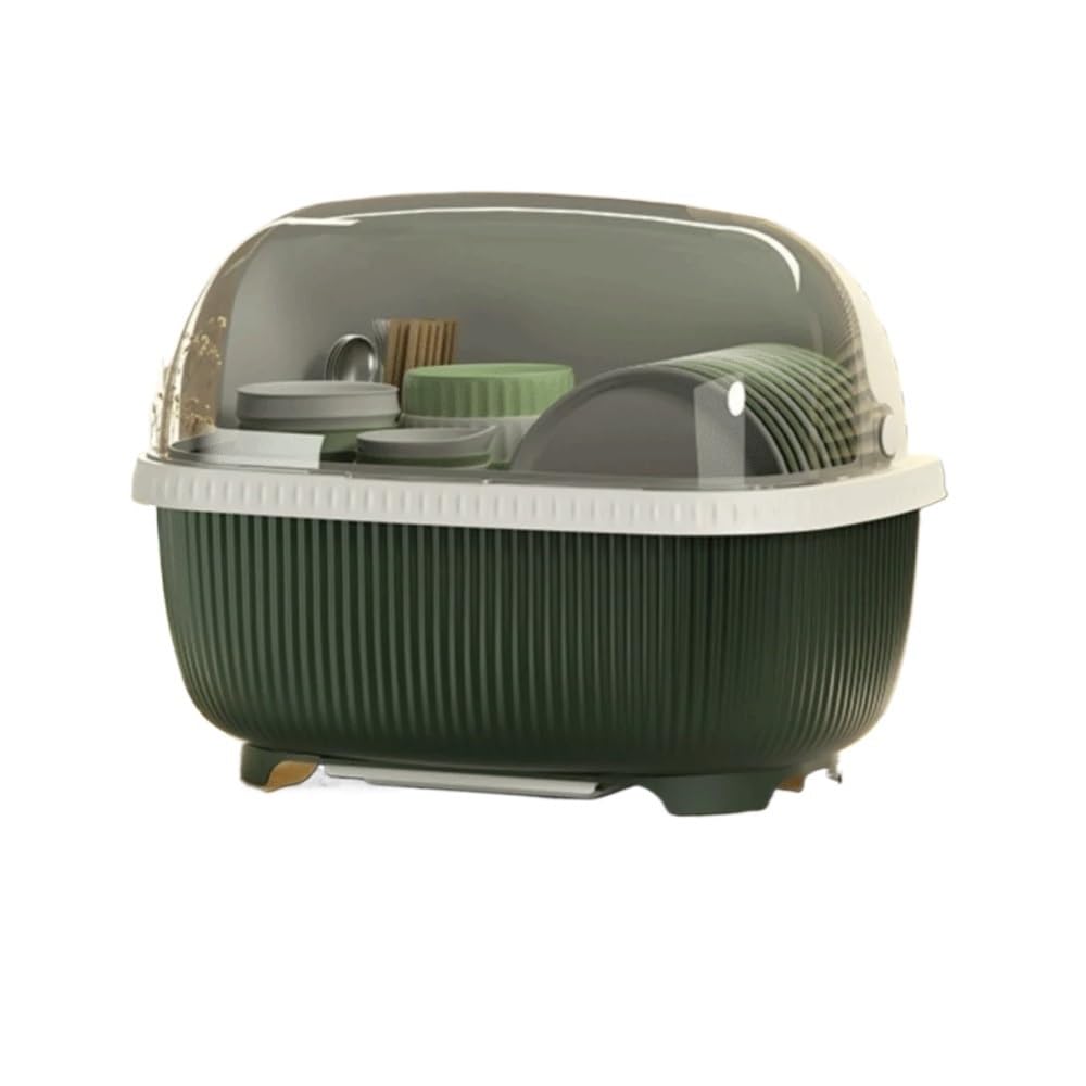 Jobaojiang Large Capacity Dish Drainer With Roof Cover Multifunctional Kitchen Utensils Rack Cupboard Plastic(Dark Green)