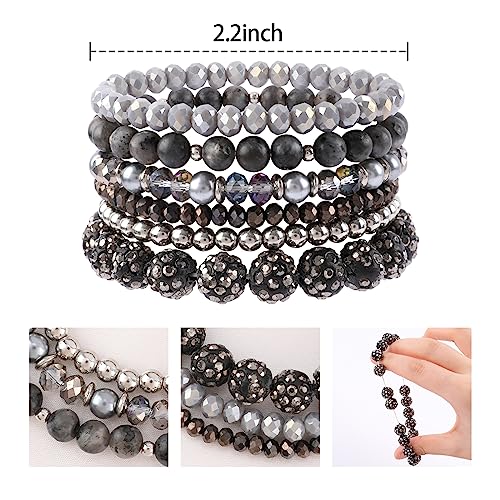 Bohemian Black Beaded Bracelets for Women Multilayer Disco Ball Bead Stretch Bracelets Handmade Boho Stackable Glass Beads Shiny Statement Bracelet Set Fashion Party Jewelry Gifts for Women2