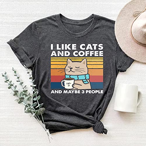Women’s Novelty T Shirt Vintage Coffee Cat Graphic Loose Tees Funny Cat Shirts For Women Soft Casual Tshirts Tops #TOP2