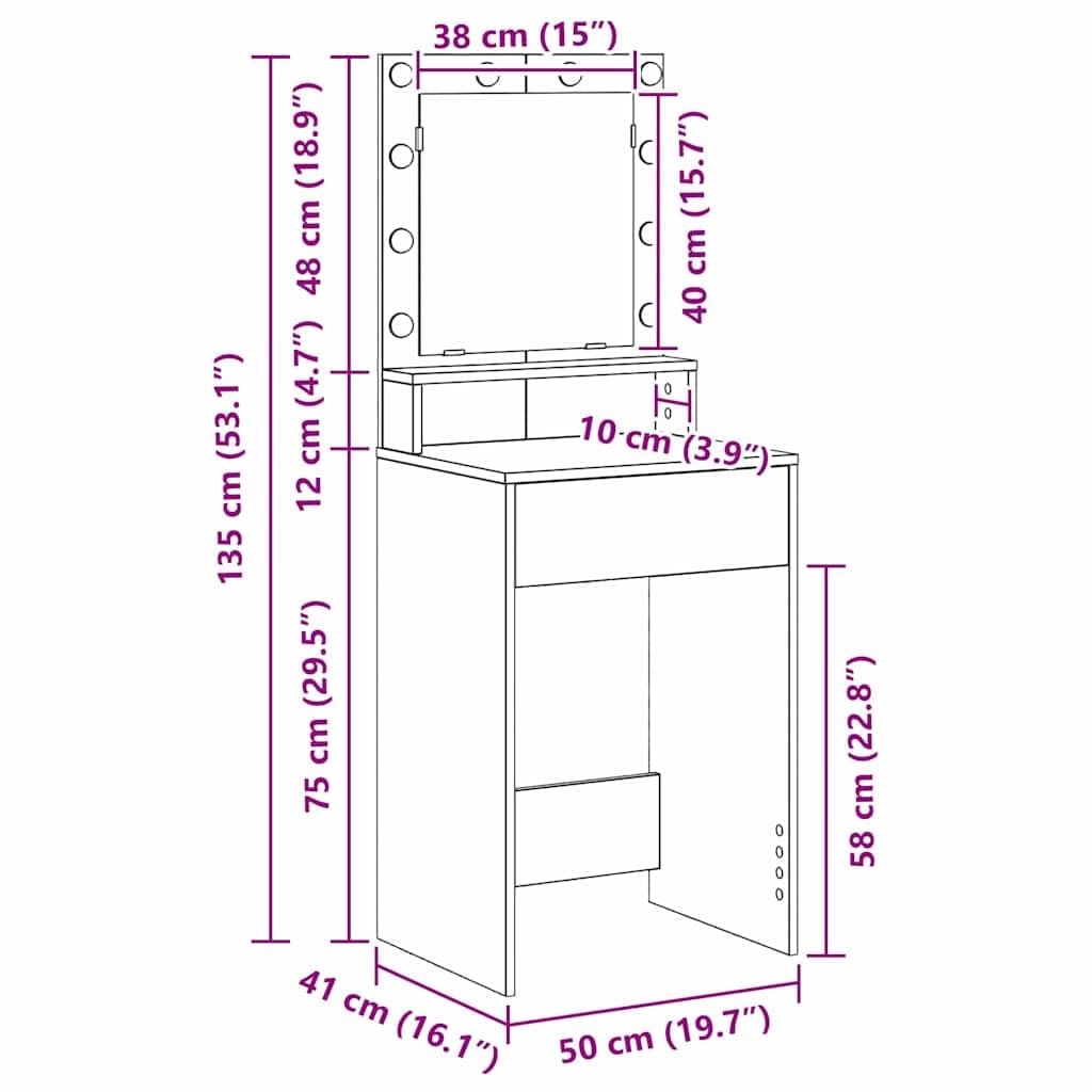 Toaletka z drewna odpadowego, 50 x 41 x 135 cm, z regałem, oświetleniem lustra LED, przyłączem USB, miejscem do przechowywania i szufladami do sypialni, kosmetyków i makijażu