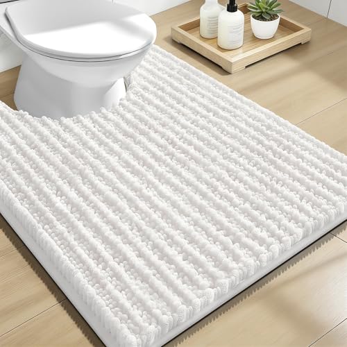 Image of OLANLY Toilet Rugs U Shaped 24x20, Thick Soft and Absorbent Chenille Contour Bath Mat, Non-Slip Rubber Backing, Machine Washable Quick Dry Toilet Mat, Home Decor Accessories, Ivory