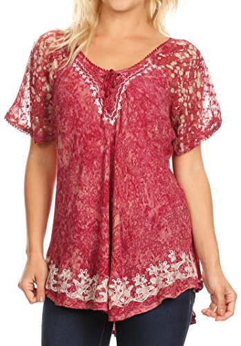 Image of Sakkas Ash Speckled Tiedye Embroidered Cap Sleeve Blouse Top with Embroidery Hems