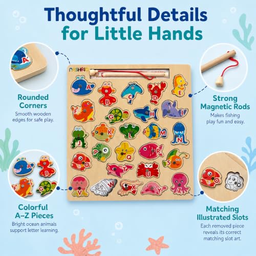 Image of NASHRIO Magnetic Wooden Alphabet Fishing Game for Kids Ages 3-5, ABC Letter Puzzle Board with 26 Sea Animal Pieces, Preschool Learning Fine Motor Toy for Boys Girls 3 4 5