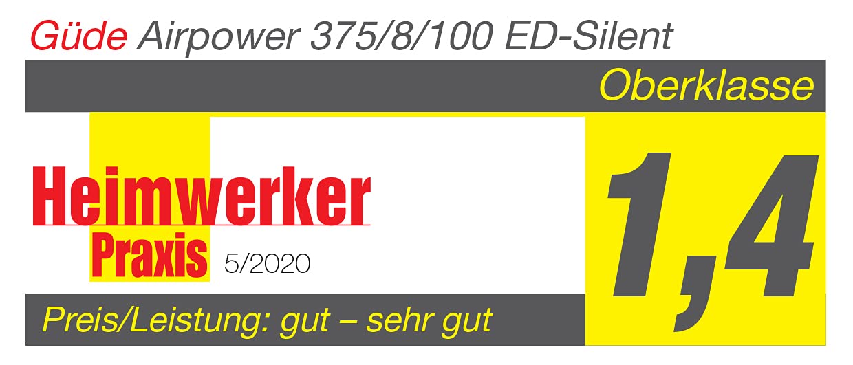 Güde Kompressor Airpower 375/8/100 ED-SILENT (2 Motoren, flüsterleise 61 dB(A), öl- und wartungsfrei, 8 bar, 2200 W, 100 l Kessel, eff. Liefermenge 360l/min, Sicherheitsventil, Wasserablassschraube)