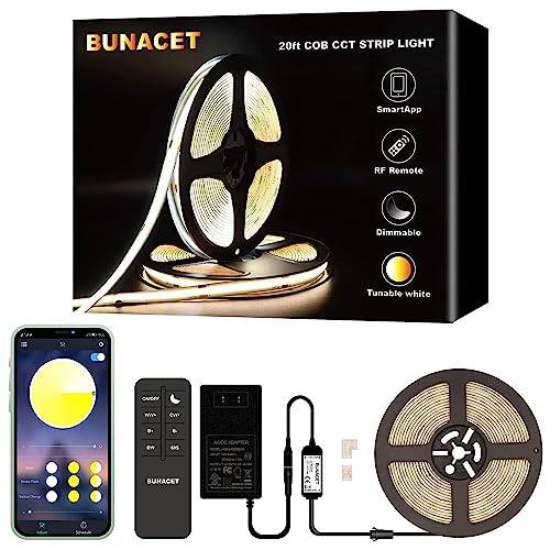 BUNACET 20ft COB LED Strip Lights, Tunable White LED Tape Lights Daylight Warm White LED Light Strip with Remote Smart App Control Dimmable COB LED Lights for Bedroom Kitchen Room Home Lighting BUNACET 20ft COB LED Strip Lights, Tunable White LED Tape Lights Daylight Warm White LED Light Strip with Remote Smart App Control Dimmable COB LED Lights for Bedroom Kitchen Room Home Lighting