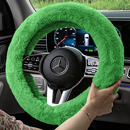 Image of FH Group Doe16 Faux Rabbit Fur Cozy Steering Wheel Cover Ultimate Protection Universal Fit for Most Cars, Trucks, SUVs, and Vans Green