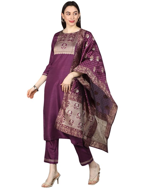 Image of Vaamsi Women's Poly Silk Ethnic Motifs Yoke Design Straight Kurta Set with Dupatta