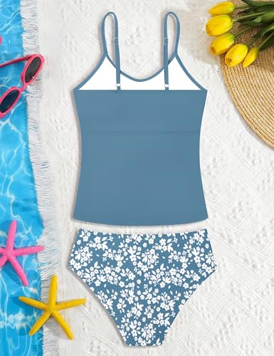 Image of Girls Swimsuit 2 Piece Bathing Suit Criss Cross Ruched Girl Tankini Sets Printed Girls' Swimwear for 9-18 Years