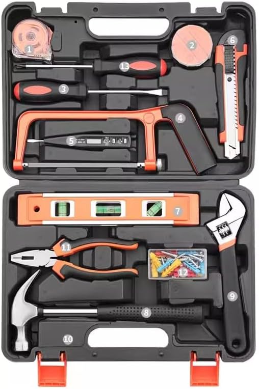 12 Piece Household Tool Set with Plastic Blow Molded Case, Most Reached Hand Tools for Home/Office/Garage Repair, Incl. Pliers/Adjustable Wrench/Screwdriver/Claw Hammer/Hack Saw/Tape Measure