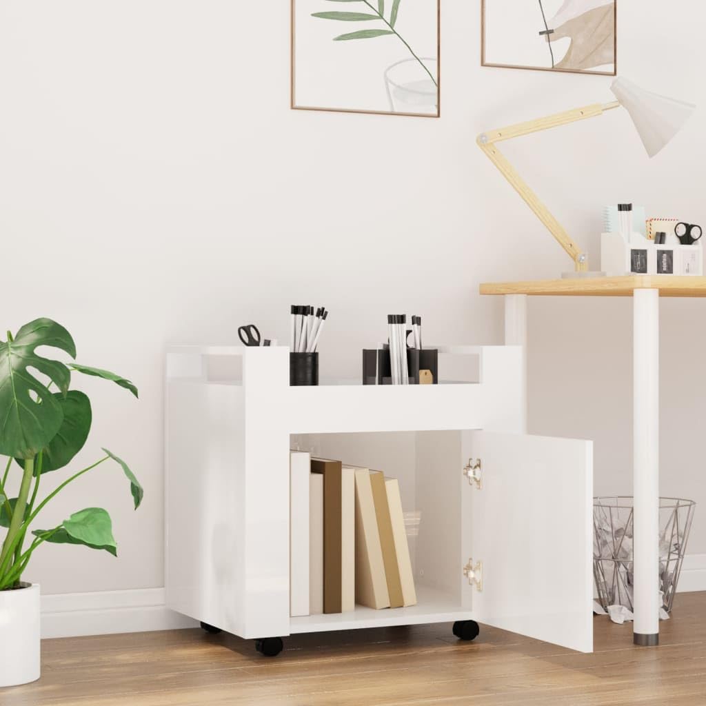 Hochglanz-Weißer Bürowagen 60x45x60 cm aus Holzwerkstoff mit 4 Rollen, stabile Oberfläche, Stauraum, Tür, ideal für Büroorganisation, langlebig, leicht beweglich, pflegeleicht