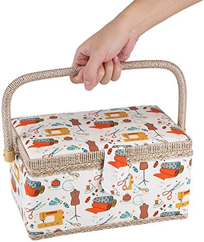 Cestino Cucito In Legno Vintage - Kit Completo Con Forbici, Fili, Aghi, Bottoni, Motivo Tarassaco - Foto 8