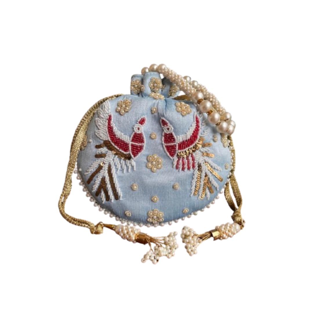 Fashion Waves Designer Studio Drawstring Birds Inspired Blue Silk Potli Bag Pearl Tassels Embellished Handle Wedding Party Clutch Purse for Women-image-9