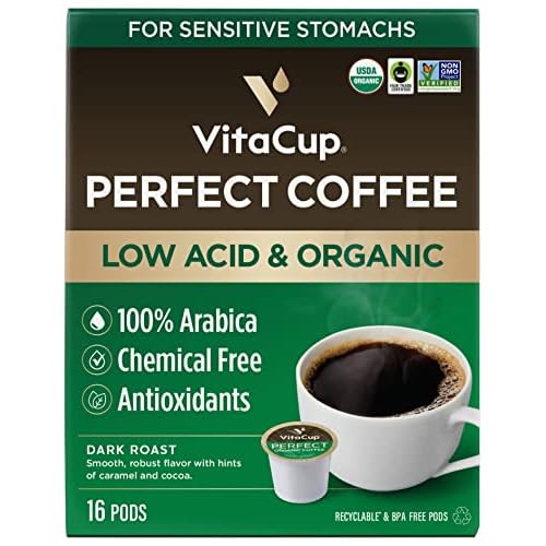 VitaCup Perfect Low Acid Coffee Pods, USDA Organic & Fair Trade, Mycotoxin Free, Dark Roast Guatemala Single Origin, Clean & Pure Recyclable Single Serve Pod compatible w/Keurig K-Cup Brewers,16 CT