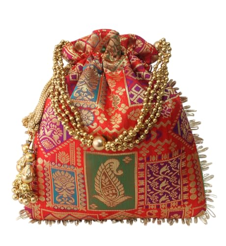 Image of MILAN'S CREATION Potli Banarasi Silk Brocade Bag Purse Drawstring Women's handbag with Pearl Handle & Tassel Weddings
