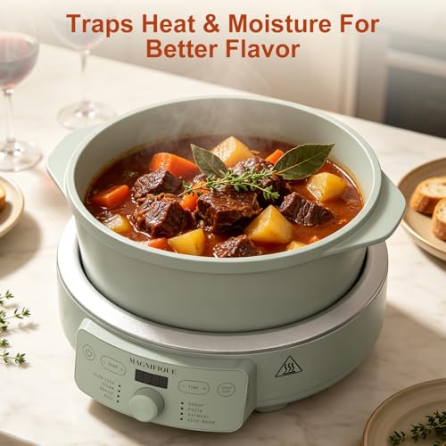 Image of MAGNIFIQUE Slow Cooker, 4.5 Quart 8-in-1 Clay Pot Multi-Cooker, Non-Toxic Slow Cooker with Removable Clay Pot, for Rice, Pasta, Steam & Proof, Nonstick, Oven Safe Pot to 500F, Olive