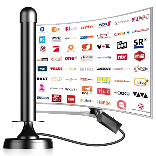 DVBT2 Antenne, zimmerantenne DVB-T & DVB-T2 Antennen mit Verstärker, Großer Reichweite und 360° Empfang, Zimmerantenne für Fernseher mit Starkem Magnetfuß, Geeignet für 4K 1080p & Alle TV-BV18010