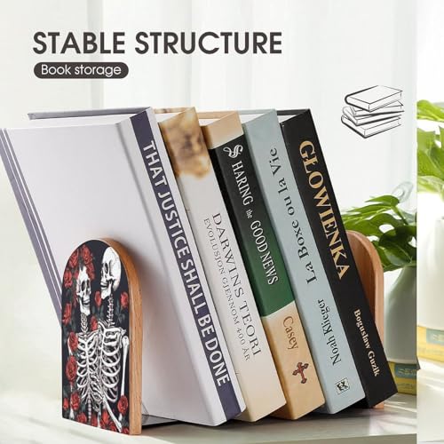 Sujetalibros de madera con rosa y esqueleto antideslizante para estantes de casa 8
