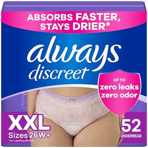 Image of Always Discreet Adult Diapers for Women, Incontinence Underwear, Drier Than Depends, Postpartum Essentials, Disposable Briefs, Max Absorbency, Bladder Leak Protection, 2XL / XXL, 52ct