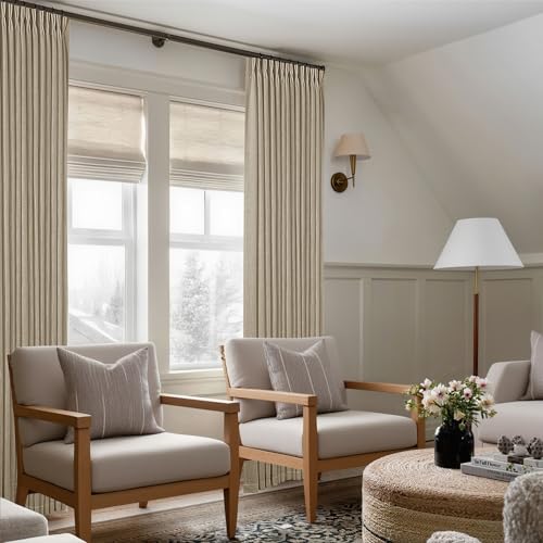 Image of Neutral Pinch Pleated 96 Inch Curtains 2 Panels Set for Windows Flax Linen Textured Drapes Pinch Pleat Back Tab Privacy Light Filtering Greige Curtain Drape with Hooks Rings for Living Room Bedroom